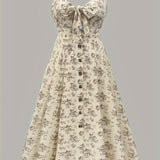 Large Size Elegant Dress with Chest Tie, Buttons and Floral Print