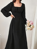 Elegant Textured Midi Dress - Cross Tie Lantern Sleeve Solid Color Romantic Dress for Women
