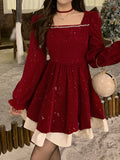 100% Polyester Elegant Red Sequin-Embellished Long Sleeve Dress - Sweet Waist-Cinching Princess Style with Neckline - Solid Color, Asian Style, Spring/Fall Collection, Woven Fabric