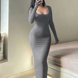 Elegant Long Sleeve Slim Square Neck Maxi Dress - Women's Clothing For Spring & Fall