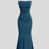 Stretchy Ruched Spaghetti Dress for Women - Elegant Solid Color Suspender, Machine Washable Polyester Blend voguable