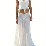 Women's Long Skirts with Lace Hem, Tie-Up Low Waist Skirts, Fashionable Casual Skirts for Spring and Summer