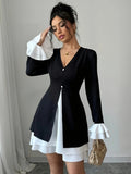Elegant V-Neck Color Block 1pc Dress - Polyester A-Line Pendulum with Flounce Sleeves for Women, Spring/Fall