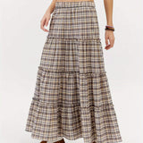 1pc Women'S Plaid Polyester Skirt - Elastic Waist, Ruffled Tiered Design, Casual Style, All-Season Woven Skirt