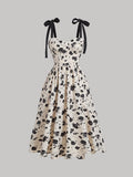 [Chic Midi V-Neck Floral Dress] Women'S Elegant V-Neck Floral Print Dress with Tie Straps, Polyester Knit Fabric, A-Line Silhouette, All-Season Chic Midi Dress for Adult