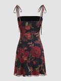 [Floral Print Tie Shoulder Dress] Floral Print Tie Shoulder Dress, Elegant Sleeveless Bodycon Cami Dress for Spring & Summer, Women's Clothing