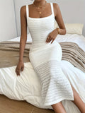 Elegant Sleeveless Textured Wide Strap Slim Fit Dress - Plain Dress For Spring & Summer - Women's Clothing