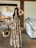 Vintage Sleeveless Shirred Aline Maxi Floral Print Ruffle Hem Cami Dress - Women's Clothing For Spring & Summer