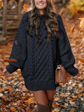 Women's Long Sleeve Cable Knit Dress, Casual Solid Color Crew Neck Loose Fit Knitted Dress for Everyday Wear