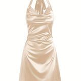 Sexy Satin Cowl Neck Halter Dress - Backless Mini Dress for Evening Party - Women's Clothing