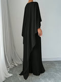 Pleated Non-Stretch Polyester Elegant Solid Color Dress - Integrated Cape Shawl, Machine Washable, Perfect for All Seasons - Middle East Special Project Style