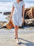 [Elegant | Striped] Elegant Striped V-Neck Midi Dress | Asymmetrical Hemline, Casual Short Sleeve, Button Front, Lightweight Polyester | Perfect for Summer Beach Outings, Beach Dress