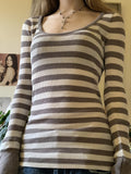 [Long Sleeve Striped Cotton T-Shirt] Y2K-Inspired Striped Cotton Blend T-Shirt for Women - Casual Long Sleeve, Round Neck Top with Mid-Stretch Fabric
