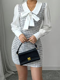 1pc Elegant Women'S V-Neck Plaid Dress, Polyester Woven Fit with Button Closure, with Bow Detail, for All-Season Fashion