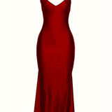 V Neck Spaghetti Strap Backless Dress - Seamless Solid Bodycon for Night Out - Fashionable Womens Clubbing Gown