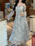 [Misty Dress] Misty Blue-Gray Dress | Long Sleeves, Ruffled Hem, Butterfly Design And Golden Accents - Perfect for Early Autumn