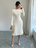 [Long Sleeve Ribbed Knit Sweater] Elegant Solid Color Ribbed Knit Sweater Dress for Women - Crew Neck, Long Sleeve, Pleated Design, Perfect for Fall & Winter