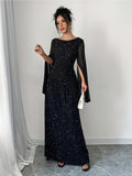 Elegant Glitter 1pc Polyester Maxi Dress for Women - Boat Neck Long Sleeve with Zipper and Side Slit - Fitted Knit Fabric Solid Color All-Season Party Gown