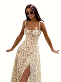 [Trendy Ruched Tie Front Cami Dress] Milkmaid Dress, Ditsy Floral Dress, Corseted Dress, Midriff Waist Shaper, Trendy Women's Ruched Tie Front Split Thigh Cami Dress Sleeveless Womenswear Comfortable