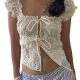 Chic Women's Tie-Front Crop Top with Frill Trim - Square Neck, Short Sleeve, Breathable Polyester - Perfect for Spring/Summer