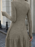 Long Sleeve Ruffle Hem Ribbed A-line Dress, Casual Crew Neck Solid Color Dress For Spring & Fall, Women's Clothing
