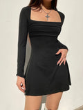 Black Square Neck A-Line Flare Sleeve Dress