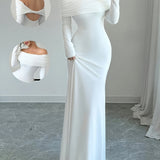 1pc Elegant White Polyester Bodycon Maxi Dress, Long Sleeve Off-Shoulder Backless Ribbed Knit Twist Fish Tail Hem, All-Season Solid Color Dress for Adults