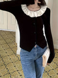 Women's 2024 New French Chic Ruffle Collar Knit Sweater, Slim Fit, Viscose Blend, Spring/Autumn, Contrast Color, Open Front Cardigan