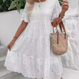 Solid Color Embroidered Lace Dress - Hollow Out Design, Elegant for Casual Wear