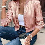Everyday Comfort, Elegant Women's Pink Metallic Bomber Jacket - Long Sleeve, Zip-Up with Baseball Collar, Polyester Blend, Machine Washable for Spring & Fall Fashion, Spring Jacket|Glossy Finish Jacket|Polyester Blend Jacket