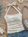 Women's Chic White Knitted Halter Tank Top | Backless & Machine Washable | Textured Bodycon Design with Bow Detail | Perfect for Vacation & Casual Attire