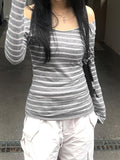 Japanese and Korean Special Targeted Elegant Basic Large Round Neck Slimming Long Sleeve Striped Top