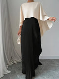 Pleated Non-Stretch Polyester Elegant Solid Color Dress - Integrated Cape Shawl, Machine Washable, Perfect for All Seasons - Middle East Special Project Style