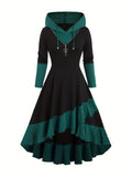 Long Sleeve Color Block Hooded Dress for Women - Asymmetrical Hem, Machine Washable, Perfect for Spring & Fall