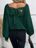 Soft Polyester Elegant French-Inspired Plus Size Sweater - V-Neck with Bow Tie Back, Hand Washable, Classic Knitwear, Smooth Texture, All-Season Apparel