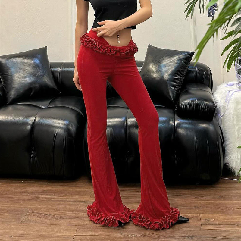 women's clothing summer new American sweet and spicy style lotus leaf lace slightly spicy fashion solid color low waist trousers for women