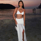 women's summer suspender bra fashion casual suit perspective mesh splicing slit skirt two-piece suit