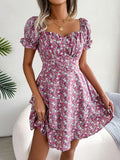 Bohemia Floral Print Dress, Puff Short Sleeve Square Neck Ruffle Hem Vacation Dress, Women's Clothing
