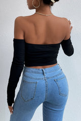 Pbong - Black Sexy Elegant Solid Feathers Off the Shoulder Tops