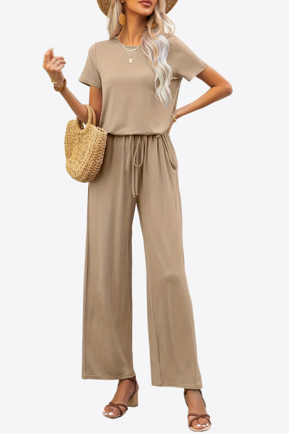 Round Neck Short Sleeve Jumpsuit with Pockets