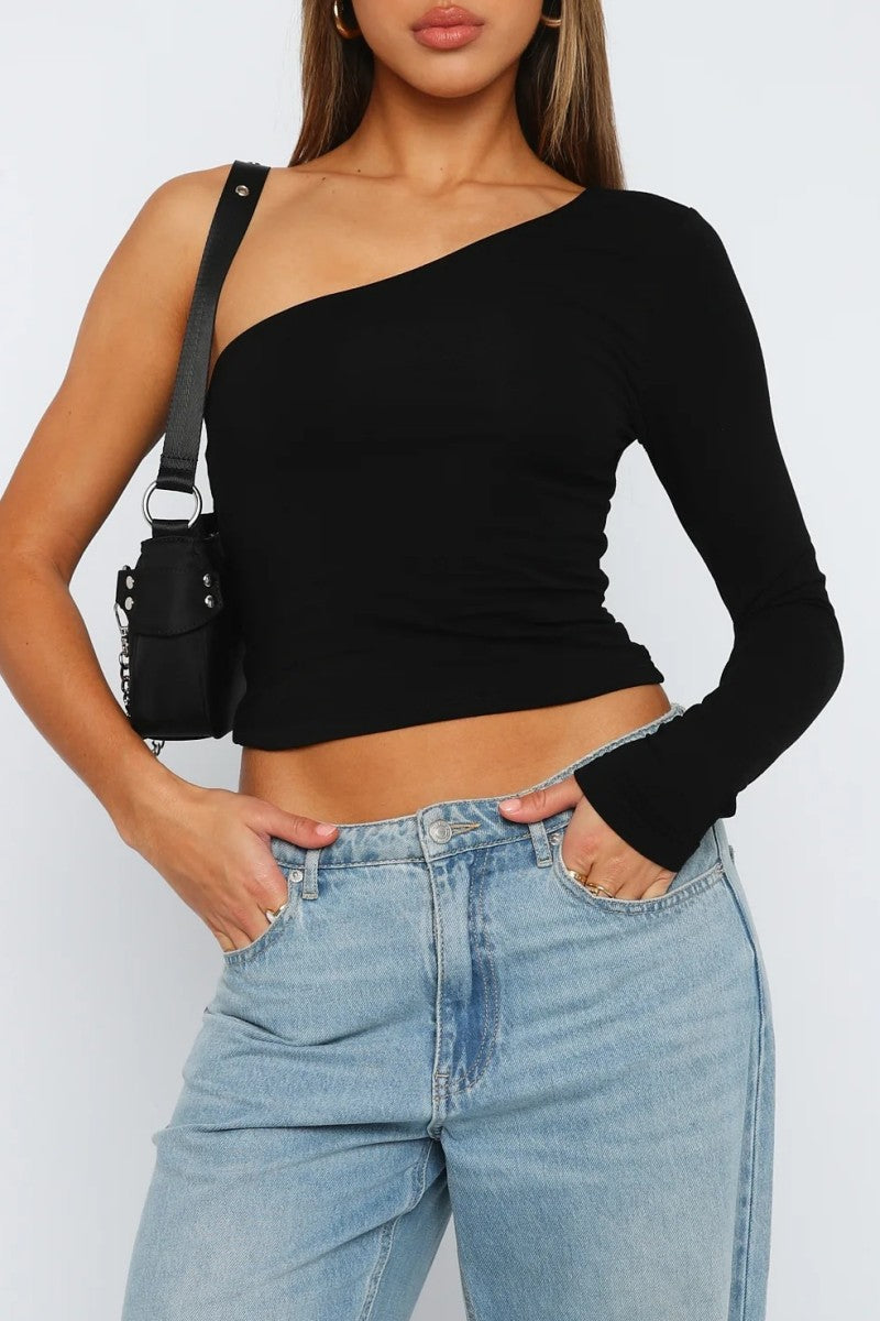 Pbong - Black Casual Solid Backless Asymmetrical Oblique Collar Tops