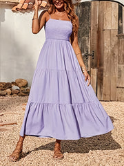 Shirred Cami Dress, Vacation Spaghetti Sleeveless High Waist Ruched Dress, Women's Clothing