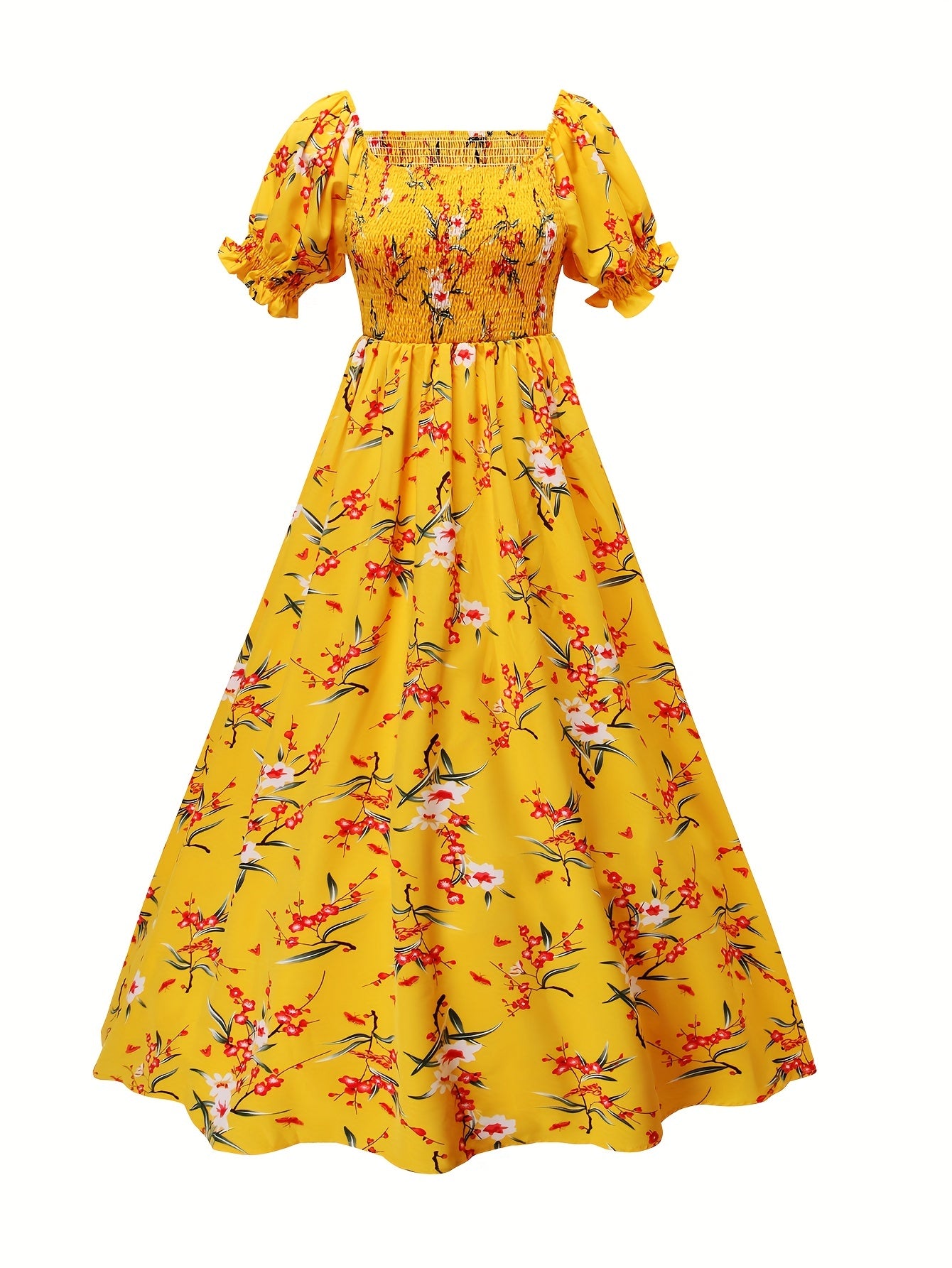 Floral Print Square Neck Shirred Dress For Spring & Summer, Elegant Short Sleeve Dress, Women's Clothing
