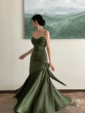 18069#Elegant Emerald Green Irregular Patchwork Evening Party Dress High Waist Spaghetti Strap Pleated Hem Prom Gown For Women