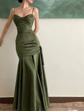 18069#Elegant Emerald Green Irregular Patchwork Evening Party Dress High Waist Spaghetti Strap Pleated Hem Prom Gown For Women