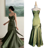 18069#Elegant Emerald Green Irregular Patchwork Evening Party Dress High Waist Spaghetti Strap Pleated Hem Prom Gown For Women