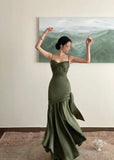 18069#Elegant Emerald Green Irregular Patchwork Evening Party Dress High Waist Spaghetti Strap Pleated Hem Prom Gown For Women