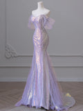 Purple Laser Sequin Beaded Mermaid Women Evening Dress with Puff Sleeves Tassel Pearls Tulle Train Prom Gown