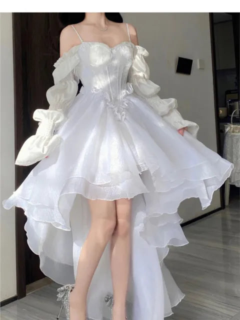 Spring Elegant White Off Shoulder Fairy Dress Chic Princess Puff Dress Mesh Puff Dress robes du soir vestidos de fiesta