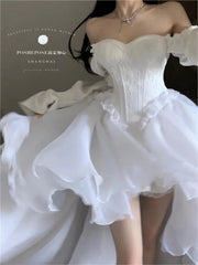 Spring Elegant White Off Shoulder Fairy Dress Chic Princess Puff Dress Mesh Puff Dress robes du soir vestidos de fiesta